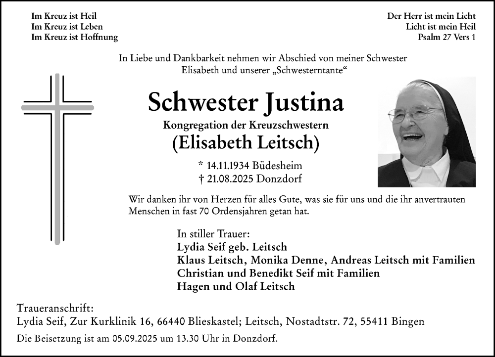  Traueranzeige für Elisabeth Leitsch vom 30.08.2025 aus Binger-/Ingelheimer Wochenblatt