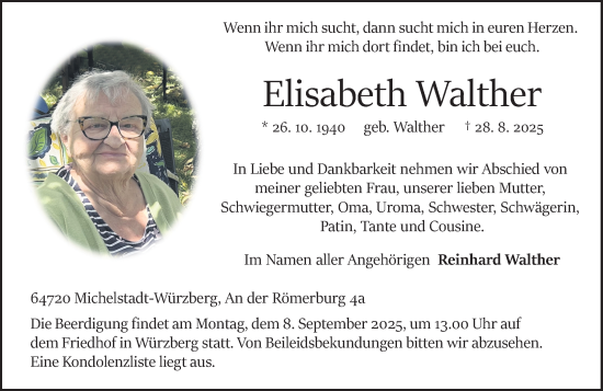 Traueranzeige von Elisabeth Walther von Odenwälder Echo