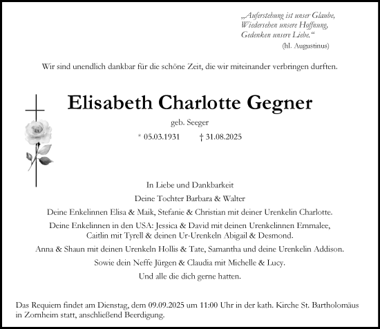 Traueranzeige von Elisabeth Charlotte Gegner von Allgemeine Zeitung Mainz