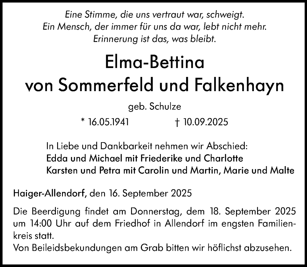  Traueranzeige für Elma-Bettina von Sommerfeld und Falkenhayn vom 16.09.2025 aus Dill Block
