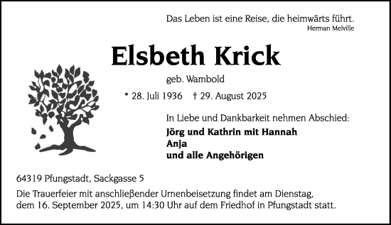 Traueranzeige von Elsbeth Krick von Darmstädter Echo