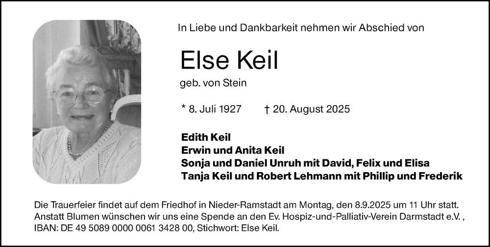  Traueranzeige für Else Keil vom 30.08.2025 aus Darmstädter Echo