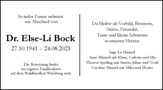 Traueranzeige von Else-Li Bock von Wiesbadener Kurier