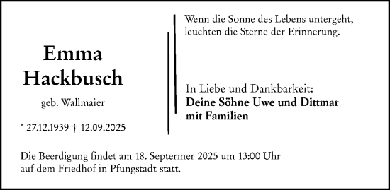 Traueranzeige von Emma Hackbusch von Darmstädter Echo