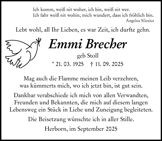 Traueranzeige von Emmi Brecher von Dill Block