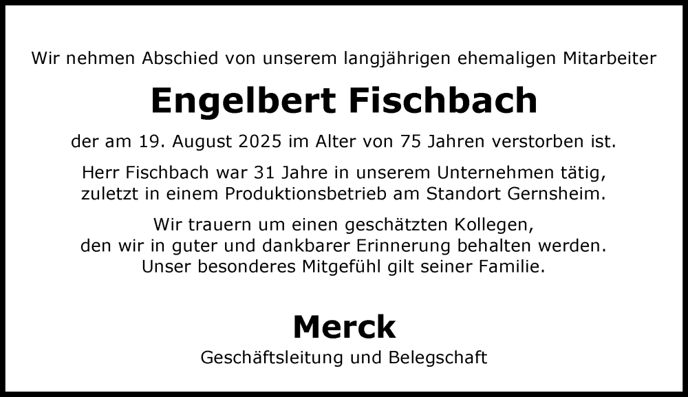  Traueranzeige für Engelbert Fischbach vom 06.09.2025 aus Groß-Gerauer Echo
