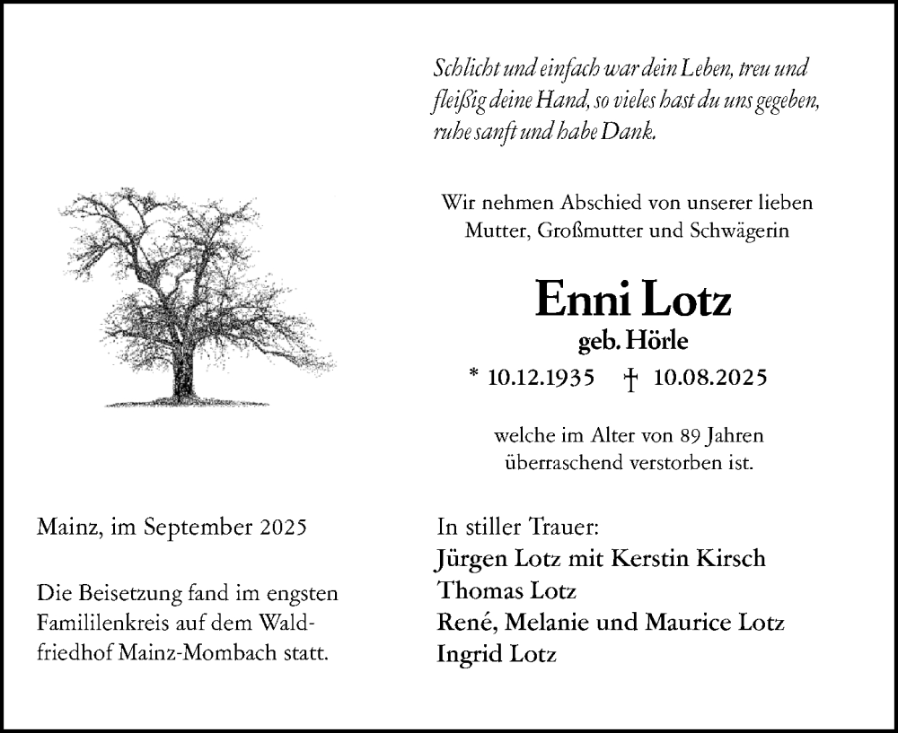  Traueranzeige für Enni Lotz vom 13.09.2025 aus Allgemeine Zeitung Mainz