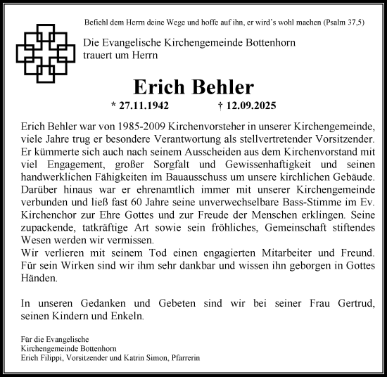 Traueranzeige von Erich Behler von Hinterländer Anzeiger