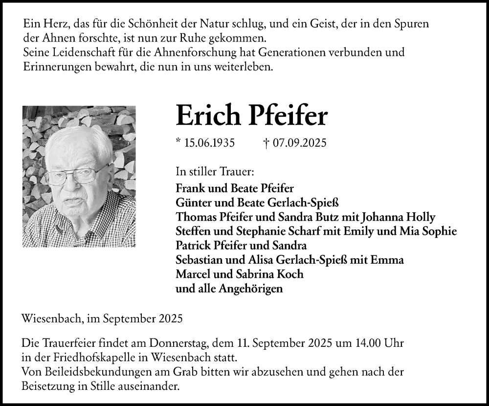  Traueranzeige für Erich Pfeifer vom 09.09.2025 aus Hinterländer Anzeiger