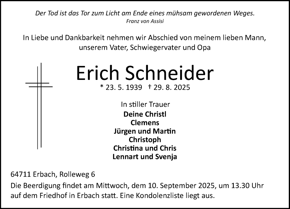  Traueranzeige für Erich Schneider vom 06.09.2025 aus Odenwälder Echo