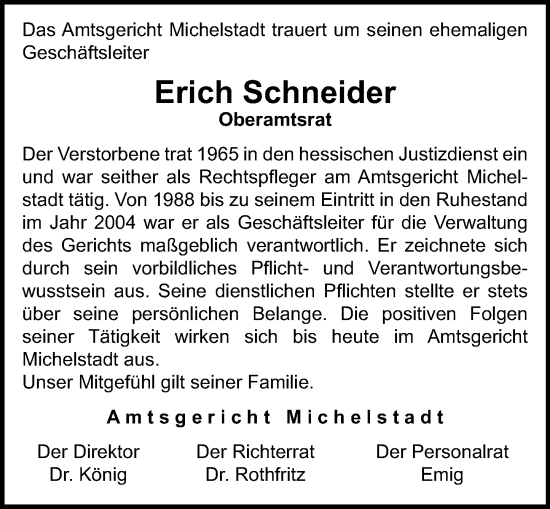 Traueranzeige von Erich Schneider von Odenwälder Echo