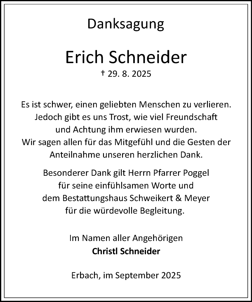  Traueranzeige für Erich Schneider vom 27.09.2025 aus Odenwälder Echo