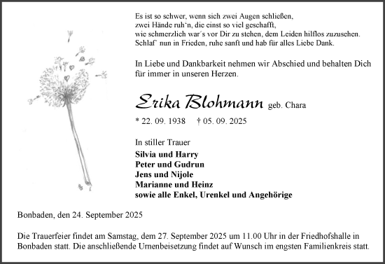 Traueranzeige von Erika Blohmann von Wetzlarer Neue Zeitung