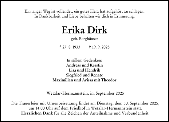 Traueranzeige von Erika Dirk von Wetzlarer Neue Zeitung