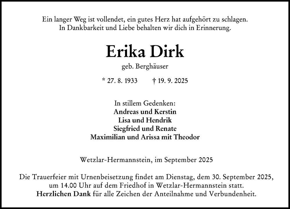  Traueranzeige für Erika Dirk vom 27.09.2025 aus Wetzlarer Neue Zeitung