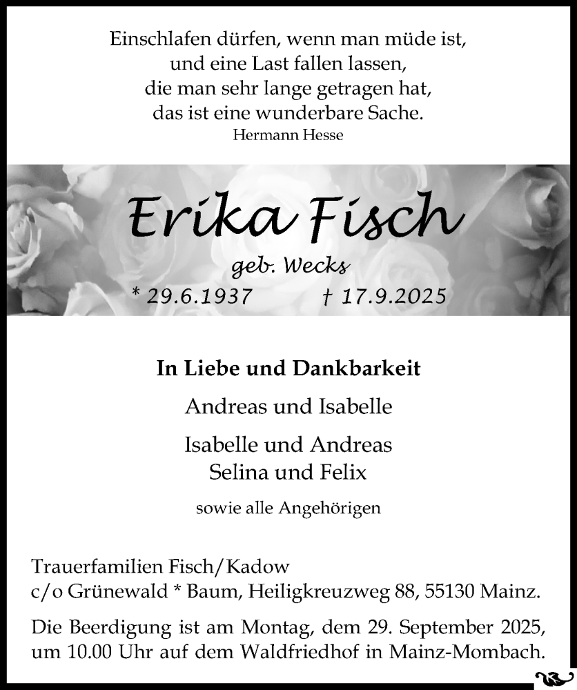  Traueranzeige für Erika Fisch vom 20.09.2025 aus Allgemeine Zeitung Mainz