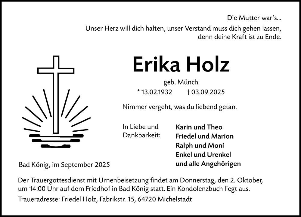  Traueranzeige für Erika Holz vom 27.09.2025 aus Odenwälder Echo