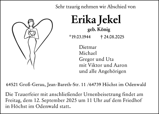 Traueranzeige von Erika Jekel von Odenwälder Echo