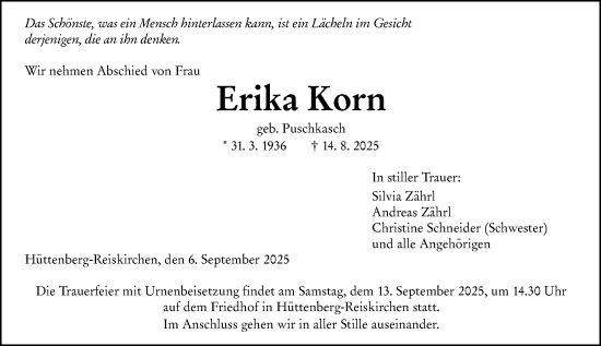Traueranzeige von Erika Korn von Wetzlarer Neue Zeitung
