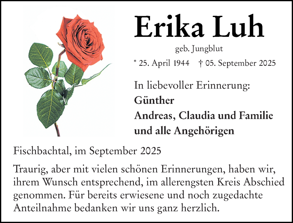  Traueranzeige für Erika Luh vom 20.09.2025 aus Darmstädter Echo