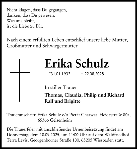 Traueranzeige von Erika Schulz von Wiesbadener Kurier