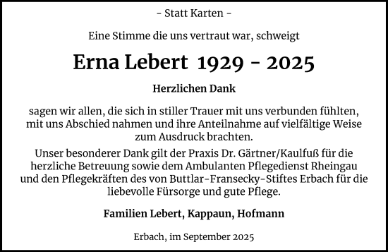 Traueranzeige von Erna Lebert von Rheingau Kurier