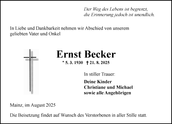 Traueranzeige von Ernst Becker von Allgemeine Zeitung Mainz