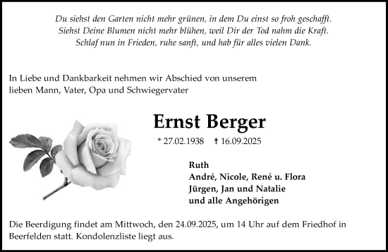 Traueranzeige von Ernst Berger von Odenwälder Echo