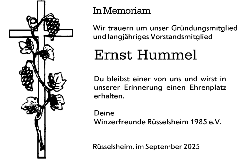  Traueranzeige für Ernst Hummel vom 12.09.2025 aus Rüsselsheimer Echo