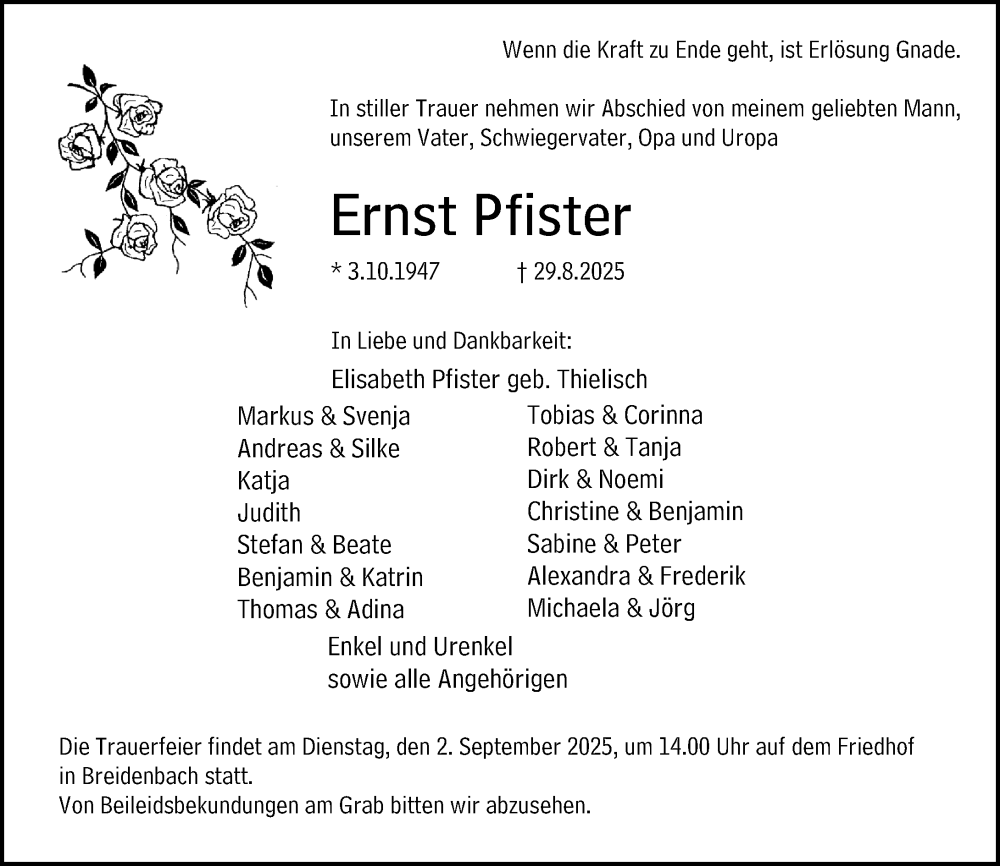  Traueranzeige für Ernst Pfister vom 01.09.2025 aus Hinterländer Anzeiger