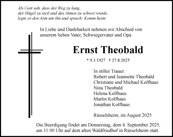 Traueranzeige von Ernst Theobald von Rüsselsheimer Echo