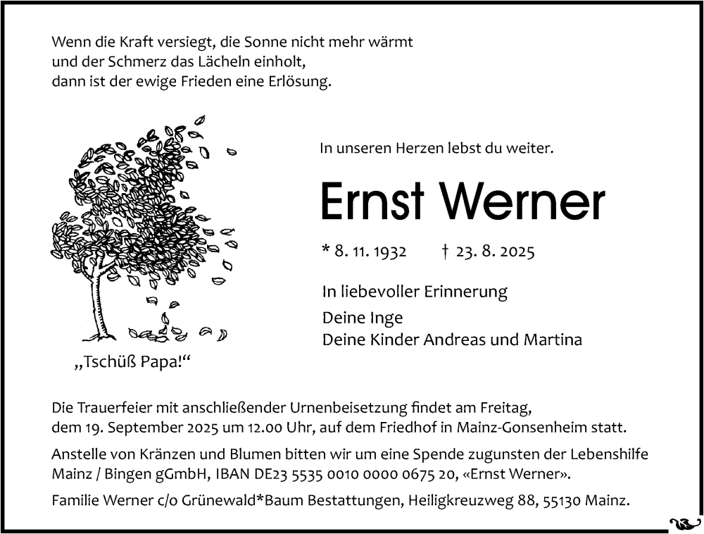  Traueranzeige für Ernst Werner vom 13.09.2025 aus Allgemeine Zeitung Mainz