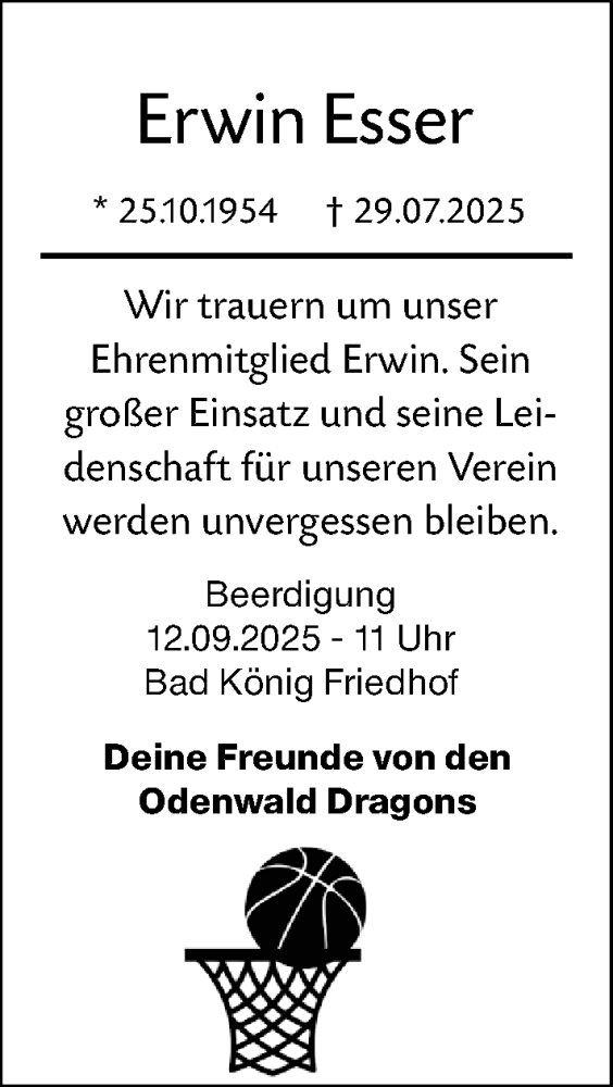  Traueranzeige für Erwin Esser vom 11.09.2025 aus Odenwälder Echo