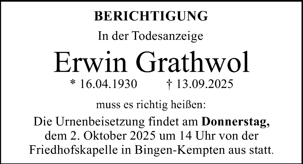  Traueranzeige für Erwin Grathwol vom 27.09.2025 aus Allgemeine Zeitung Rheinhessen-Nahe