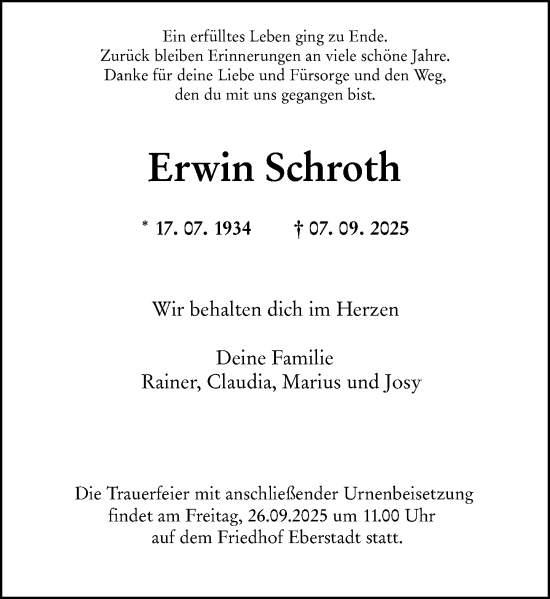 Traueranzeige von Erwin Schroth von Darmstädter Echo