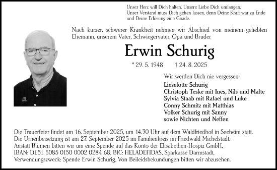 Traueranzeige von Erwin Schurig von Darmstädter Echo