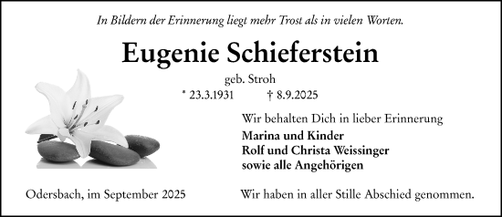 Traueranzeige von Eugenie Schieferstein von Weilburger Tageblatt