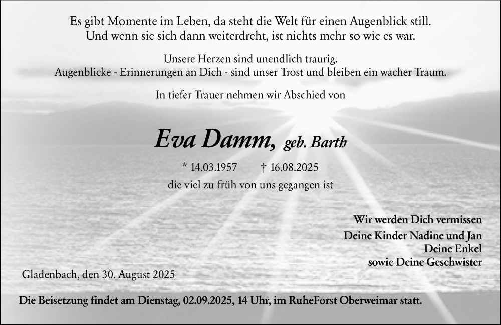  Traueranzeige für Eva Damm vom 30.08.2025 aus Hinterländer Anzeiger
