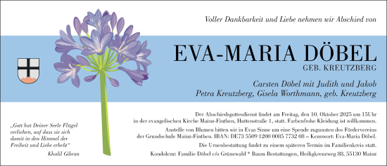 Traueranzeige von Eva-Maria Döbel von Allgemeine Zeitung Mainz