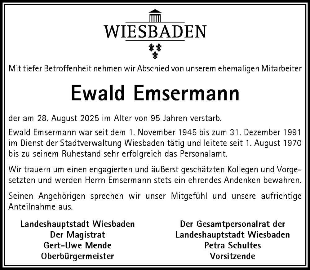  Traueranzeige für Ewald Emsermann vom 13.09.2025 aus Wiesbadener Kurier