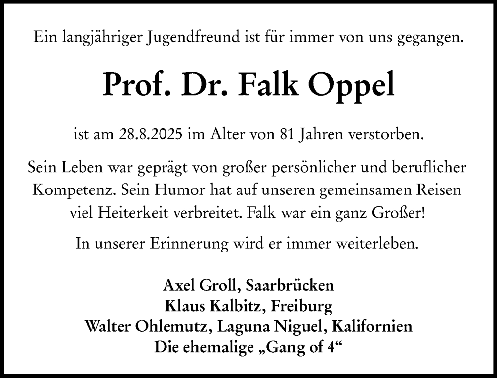  Traueranzeige für Falk Oppel vom 13.09.2025 aus Darmstädter Echo