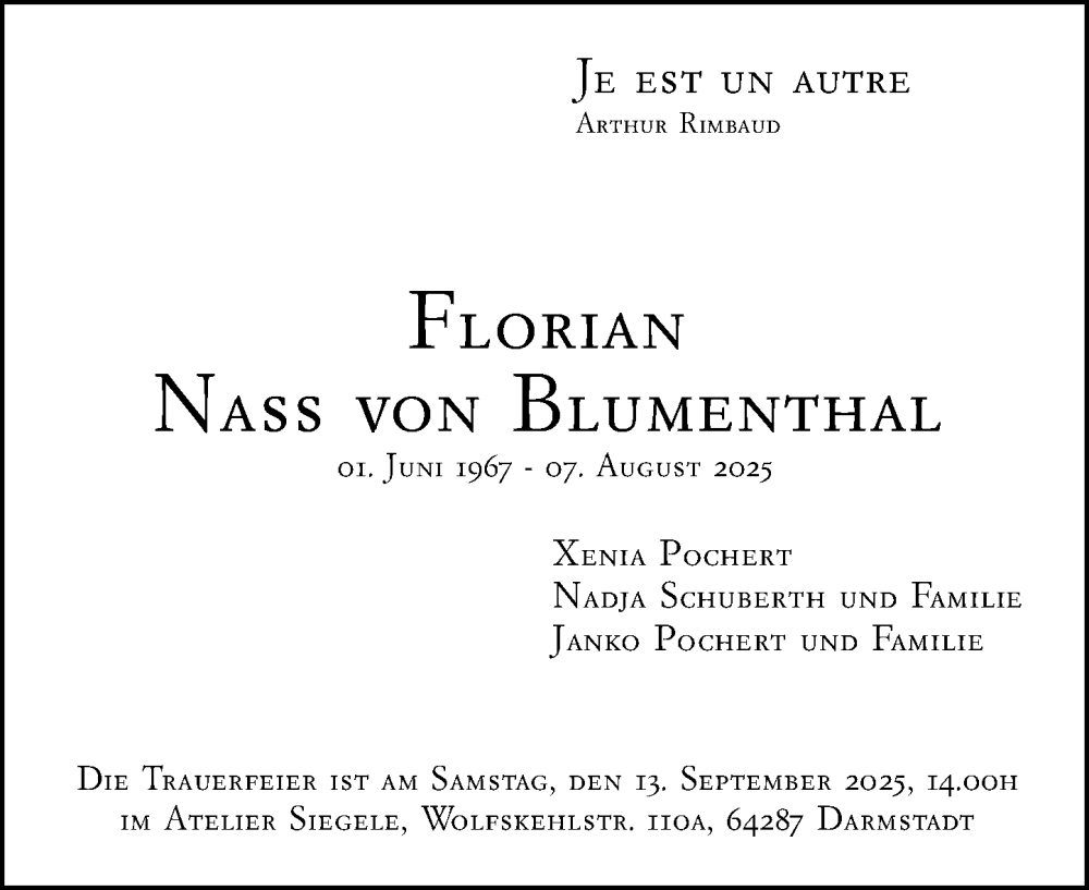  Traueranzeige für Florian Nass von Blumenthal vom 06.09.2025 aus Darmstädter Echo