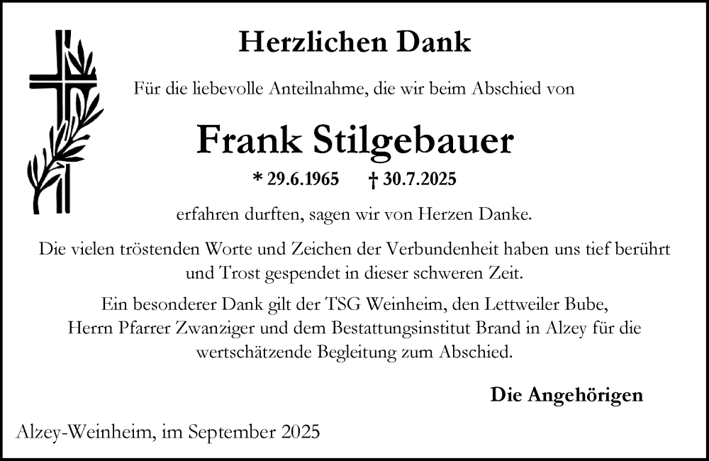  Traueranzeige für Frank Stilgebauer vom 20.09.2025 aus Allgemeine Zeitung Alzey