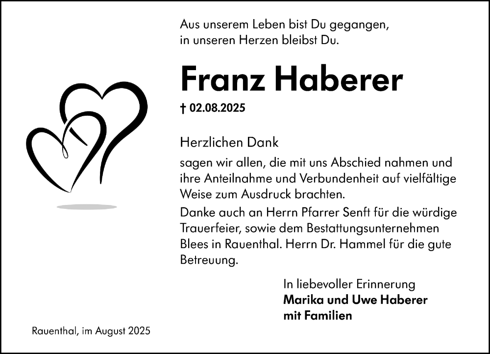  Traueranzeige für Franz Haberer vom 30.08.2025 aus Wiesbadener Kurier