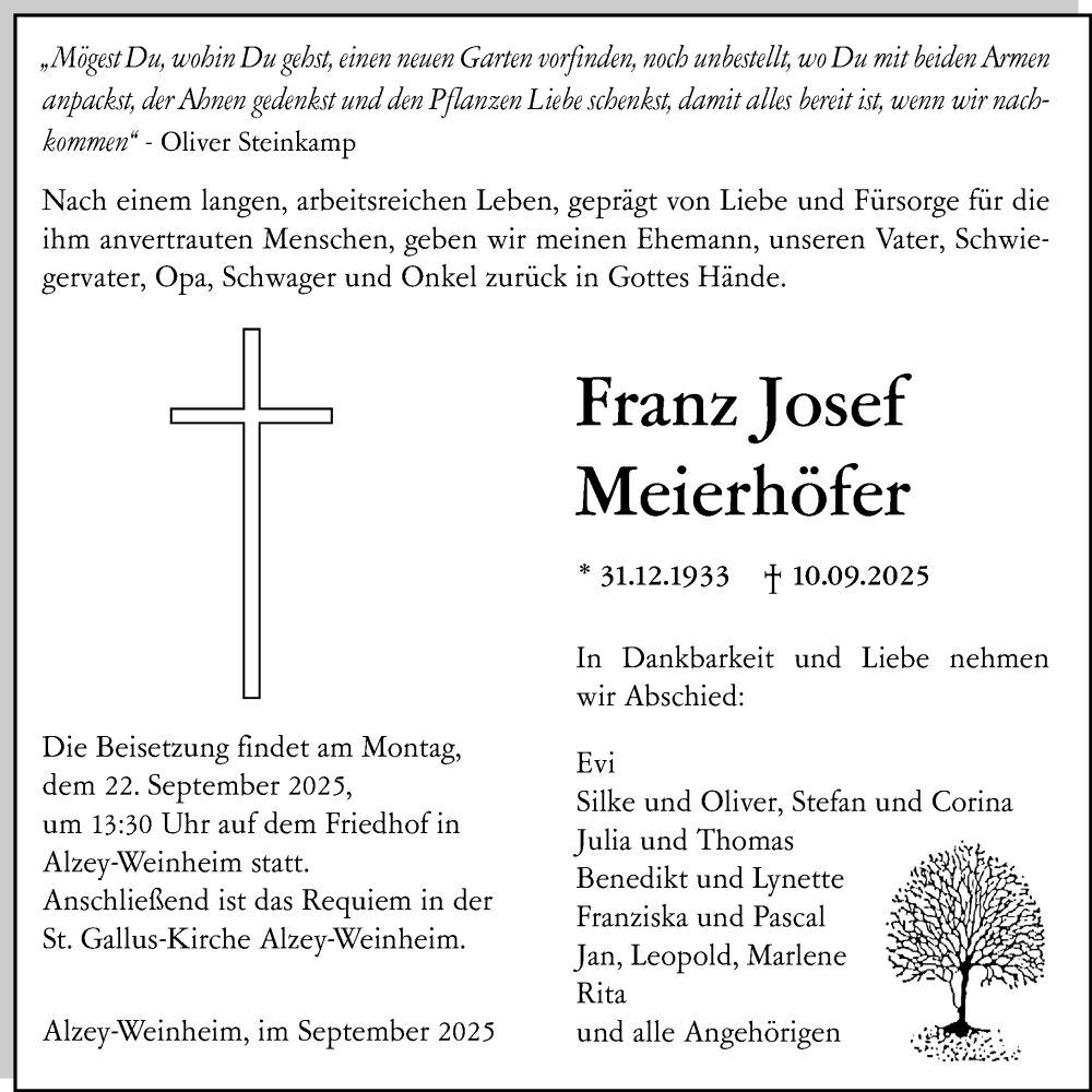  Traueranzeige für Franz Josef Meierhöfer vom 17.09.2025 aus Allgemeine Zeitung Alzey