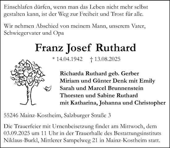 Traueranzeige von Franz Josef Ruthard von Allgemeine Zeitung Mainz