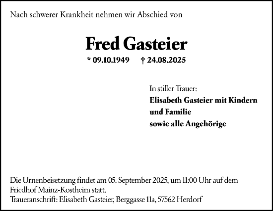 Traueranzeige von Fred Gasteier von Allgemeine Zeitung Mainz
