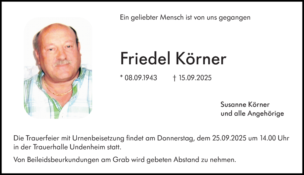 Traueranzeige für Friedel Körner vom 20.09.2025 aus Allgemeine Zeitung Mainz