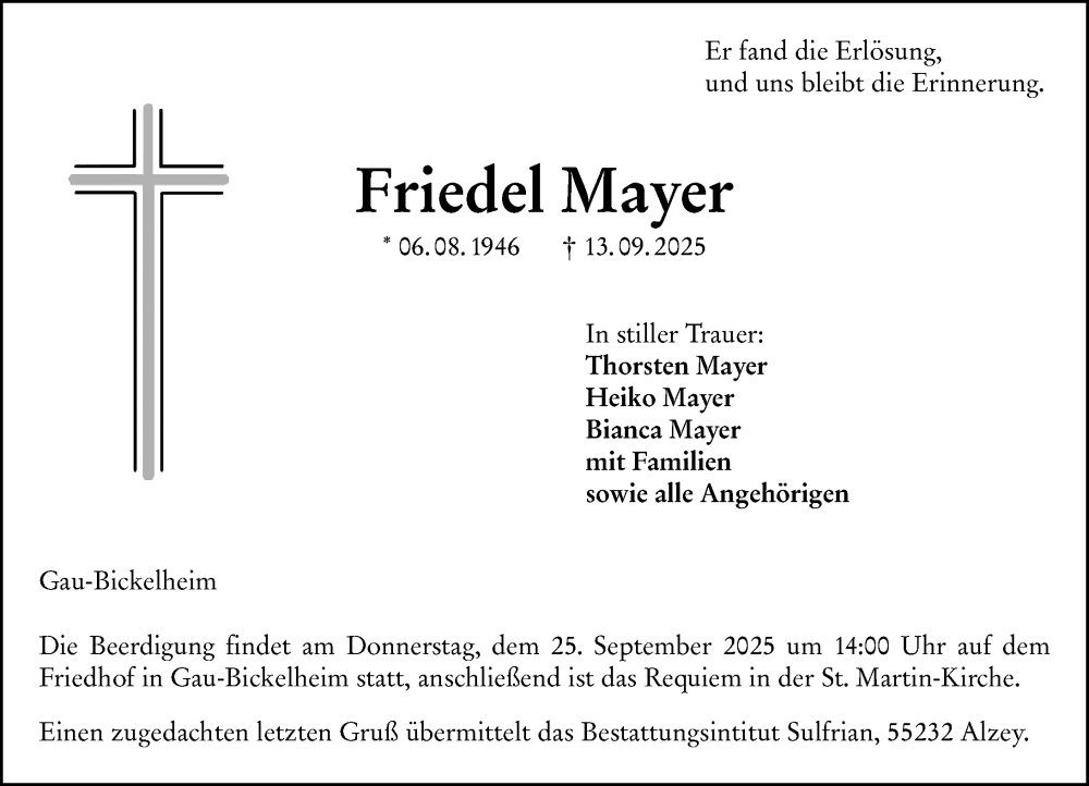  Traueranzeige für Friedel Mayer vom 20.09.2025 aus Allgemeine Zeitung Alzey