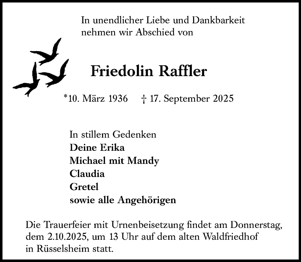 Traueranzeige für Friedolin Raffler vom 27.09.2025 aus Rüsselsheimer Echo